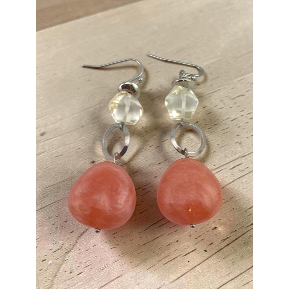 Peach Pink Beaded Earrings Silver Tone Clear Faceted Accents Dangle 2.5" Drop